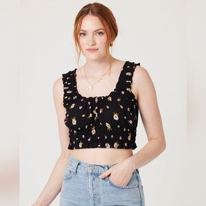 Patrons of Peace black floral Paseo smocked sleeveless crop top, size XS